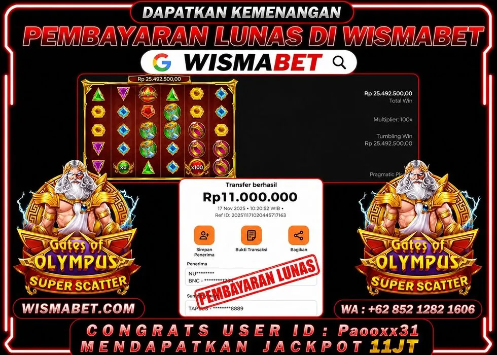 Wismabet - BUKTI KEMENANGAN JACKPOT Gates of Olympus Super Scatter Rp11,000,000,- LUNAS